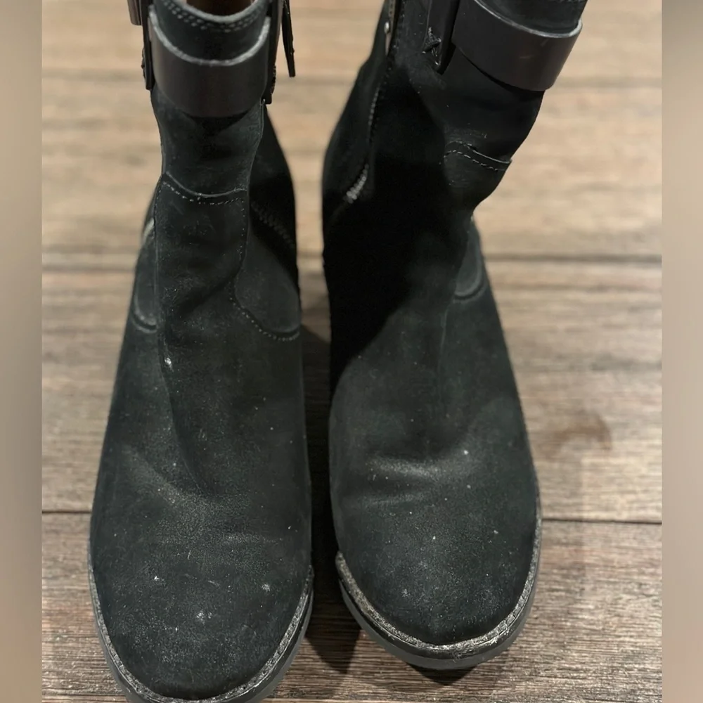 Trask‎ Women's Madison Boot Black Leather Block Heel Lug Sole Buckle Zip Sz 7.5